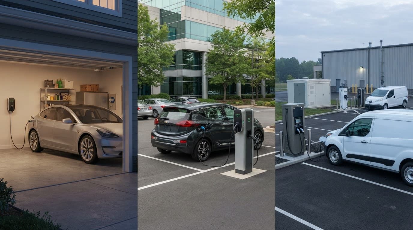 An electric car and fleet van charging in home and workplace settings.