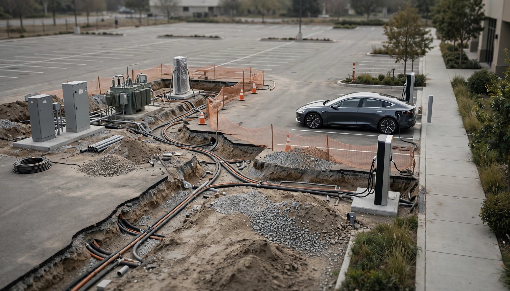 An EV charging site under construction with trenches, utility equipment, and one parked electric vehicle.