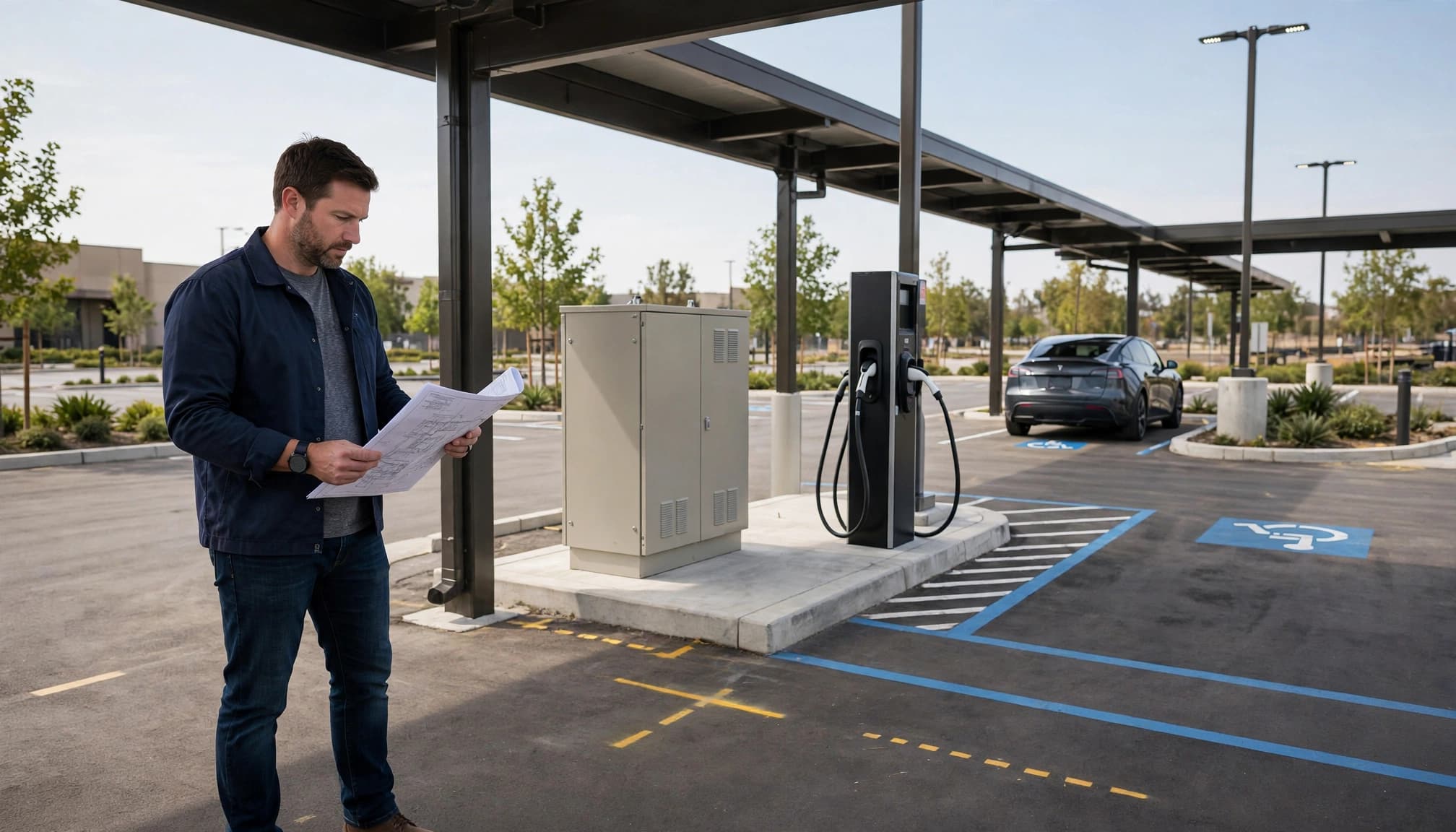 A property owner reviews an EV charging site beside a charger and utility equipment.
