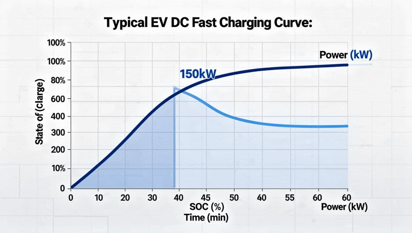 Illustrative landscape graph showing typical EV DC fast charging curve: x-axis time 0-60 minutes, y-axis SOC 0-100%, steep rise to 80% then flattens, blue power line peaking at 150kW, modern infographic style with clean whites and blues.