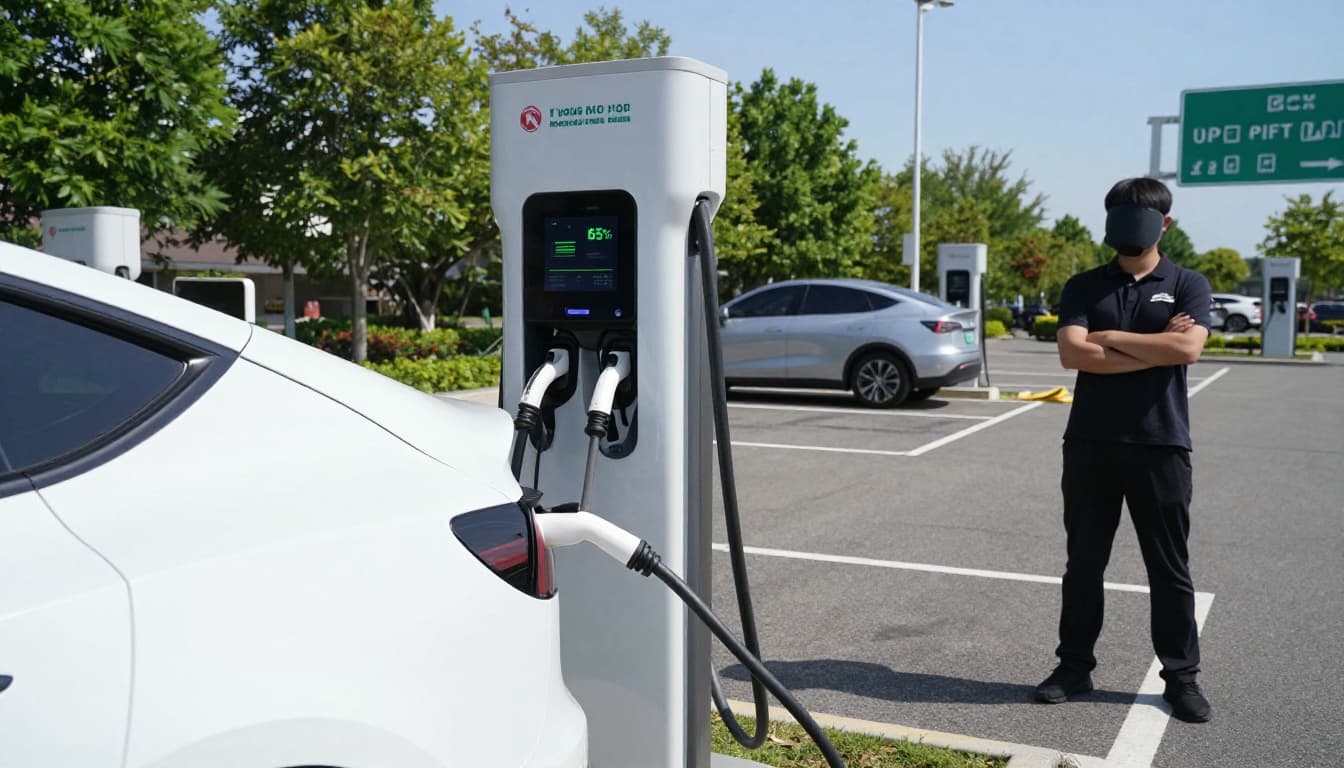 White EV charges at modern DC fast station in rest area, screen at 65%, person with arms crossed nearby, sunny daylight, parking lot and trees background.