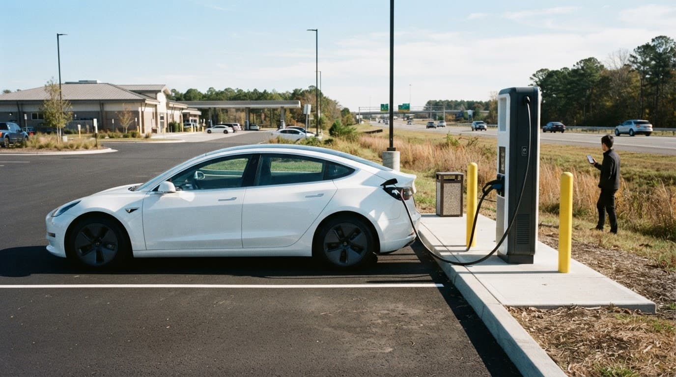 An electric vehicle charging beside a highway stop with a phone showing a map.
