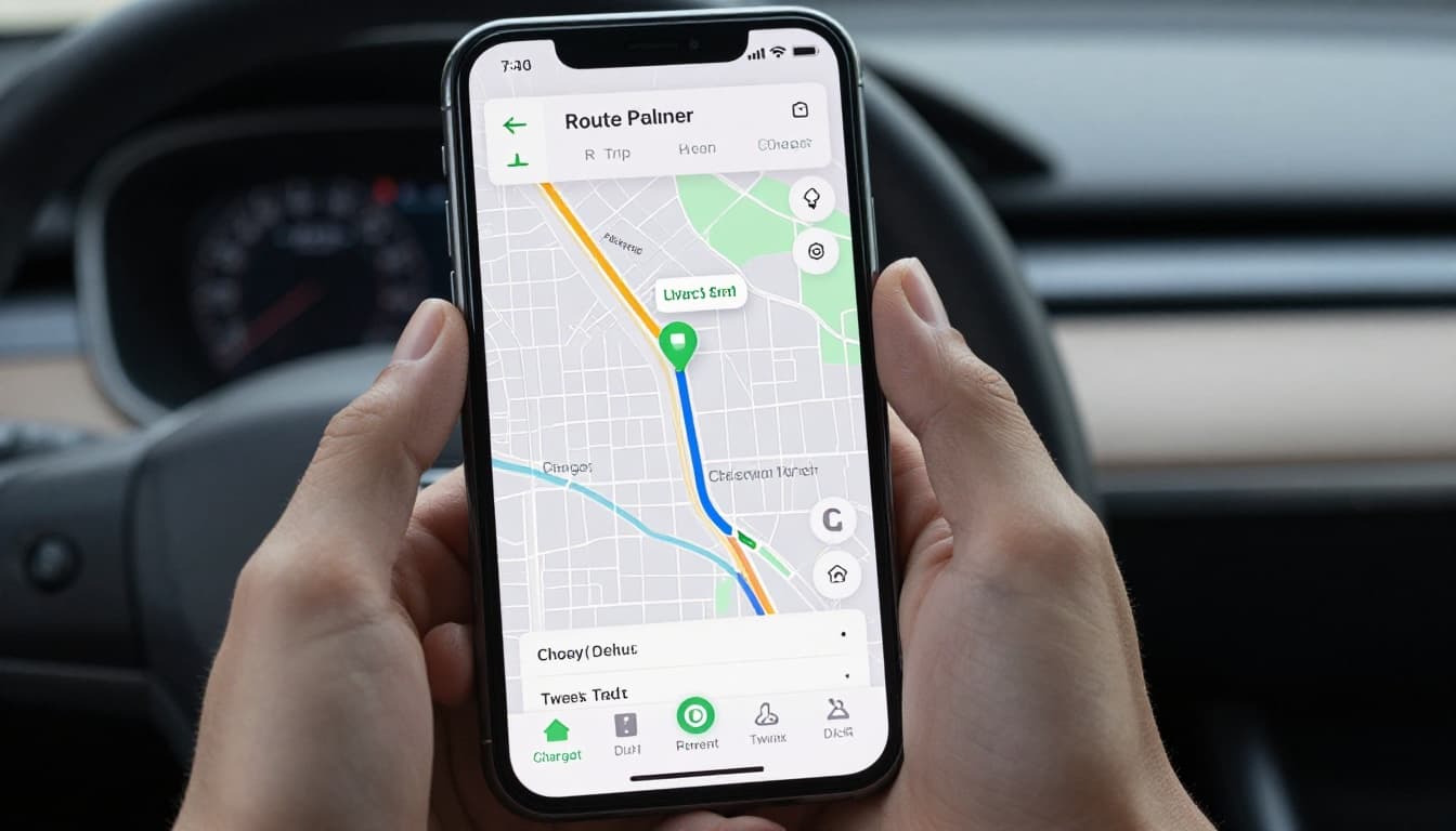 A hand holds a smartphone displaying an EV route planner app with a map highlighting chargers along an interstate highway and battery estimates for a city-to-city trip, set against a blurred car interior dashboard. Photorealistic, modern minimalist style with indoor lighting and square composition.