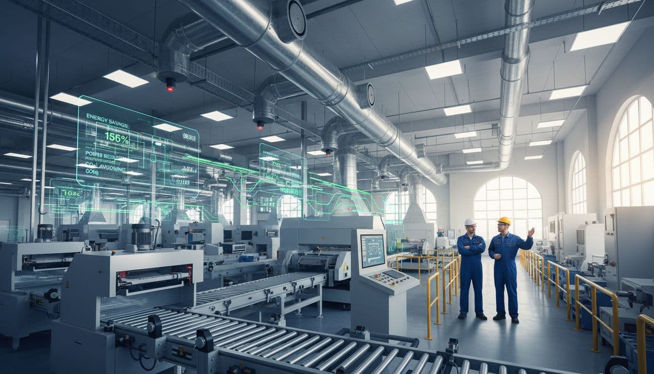 Factory floor with automated HVAC and lighting systems, sensors on equipment, digital energy savings overlays, two relaxed workers in background.