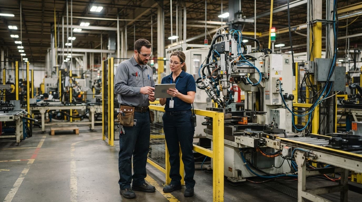 Two factory workers review a tablet beside machinery in an industrial plant.
