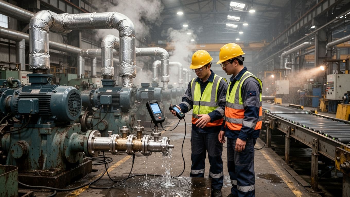 Two workers in safety gear use an ultrasonic detector to inspect a leaking compressed air valve on a busy industrial factory floor, with background elements including running pump motors, insulated steam pipes, and powered conveyor belts under dim lighting and steam haze.