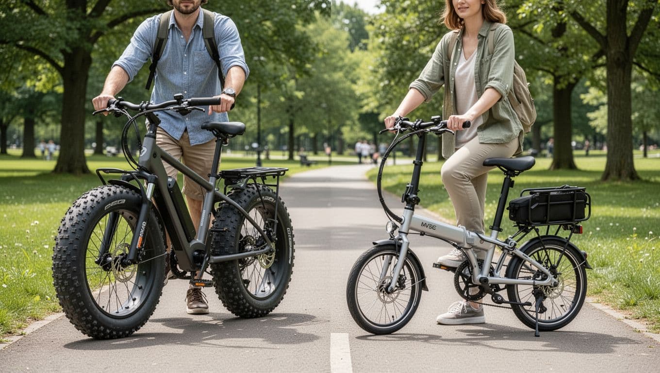Side-by-side realistic photo of two e-bikes on a paved park path in daylight: a fat-tire adventure style and a folding commuter bike, both with pausing riders, emphasizing tire size, folding mechanism, and cargo rack differences.