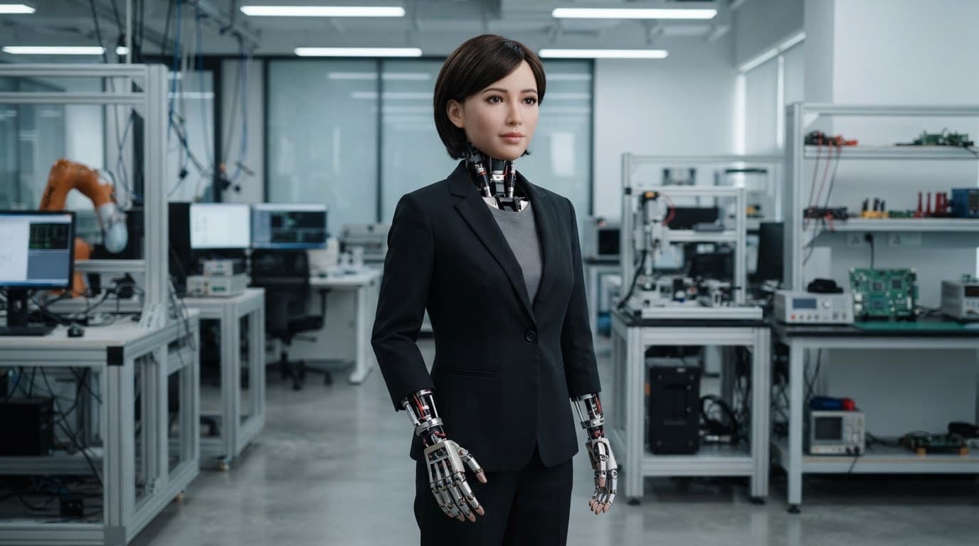 A female humanoid robot standing in a clean laboratory with visible joints.