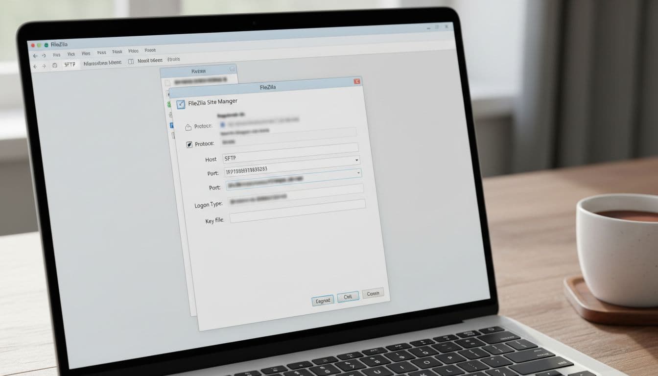Realistic photo of a clean laptop screen displaying FileZilla site manager dialog with SFTP protocol, IP host, port 22, and key file logon, on a wooden desk with coffee mug in natural daylight.