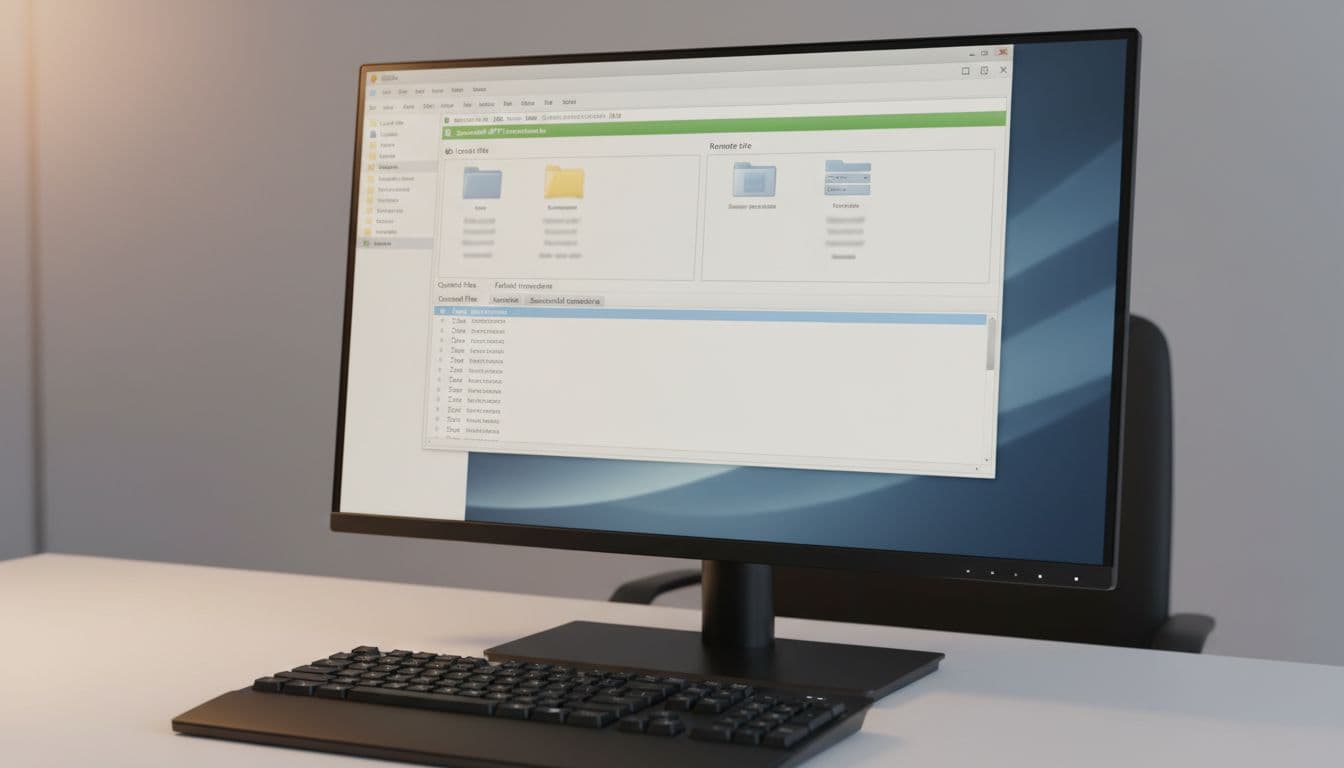 Realistic screenshot of FileZilla interface on a desk monitor showing successful SFTP connection to server with local and remote folders visible and empty transfer queue, in a simple office desk setup with keyboard and soft lighting.