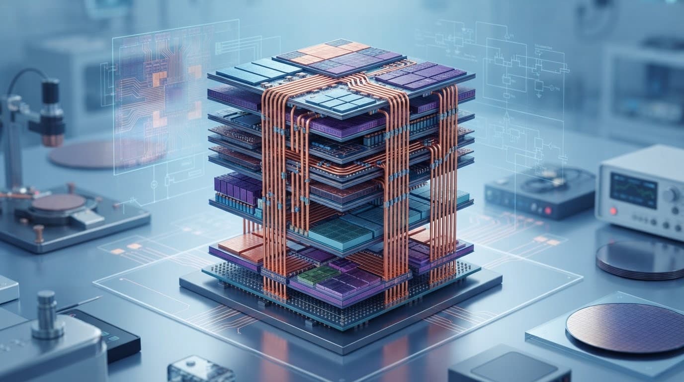 A blue and copper processor built from stacked silicon layers with fine interconnects.