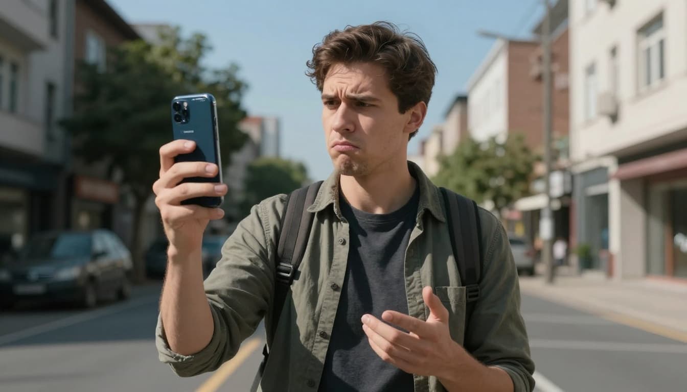 A frustrated young man in casual clothes stands outdoors on an urban street, holding his smartphone up to check signal bars with a puzzled expression while toggling airplane mode. Realistic daylight photography with detailed textures, buildings, trees, and clear blue sky in the background.