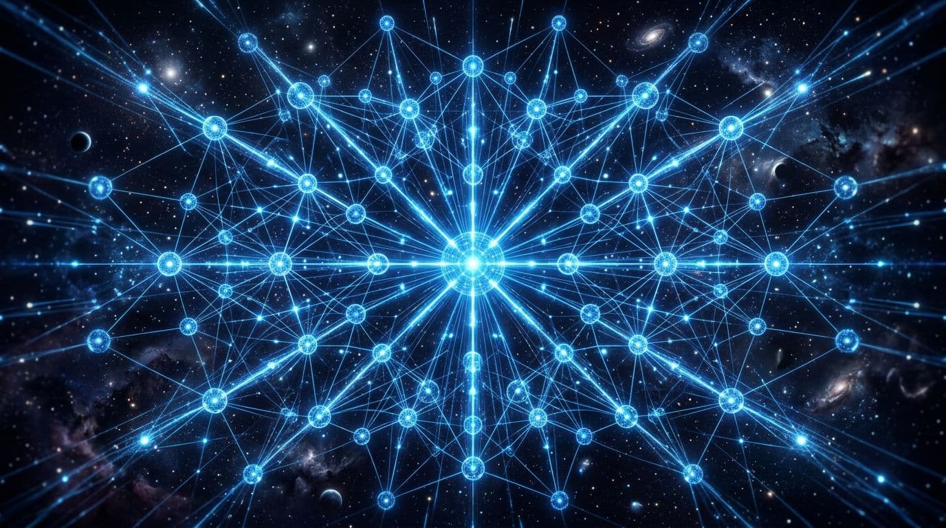 Futuristic network of interconnected AI agents as glowing blue nodes and neural links pulsing with data streams, forming an abstract digital intelligence web on a dark cosmic background in high-tech sci-fi style.