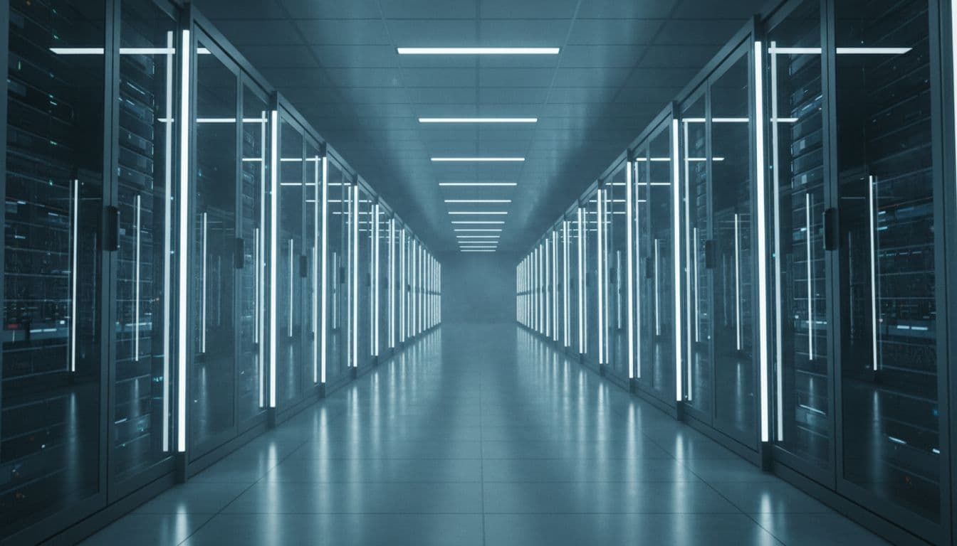 Rows of tall server racks feature glowing blue and white LED lights that extend deep into a clean, industrial facility. The polished floor reflects the ambient illumination of this massive infrastructure.