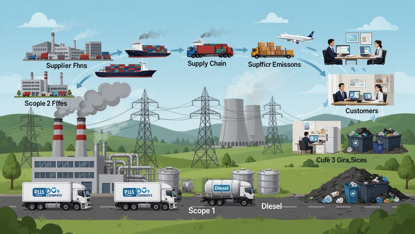 Landscape infographic illustrating the three scopes of greenhouse gas emissions for a business: Scope 1 direct emissions from factory, vehicles, and fuel; Scope 2 indirect from purchased electricity; Scope 3 value chain emissions from supply chain, travel, product use, and waste.