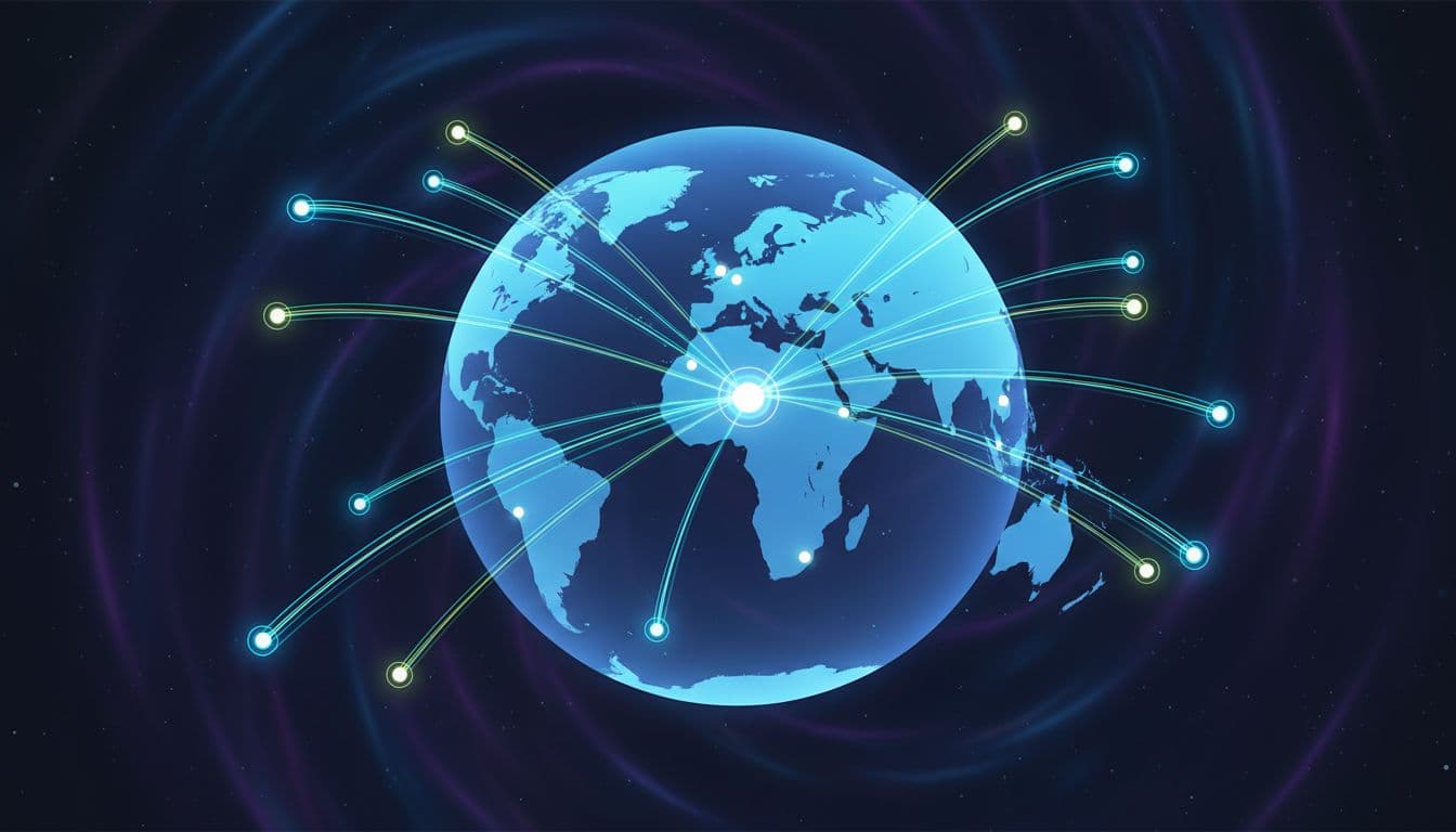 World map on a globe highlighting server locations in US, UK, Germany, France, Japan, Singapore, Australia, Canada, and Mexico with glowing dots connected by speed lines from a central US point, dark space background, clean infographic style.