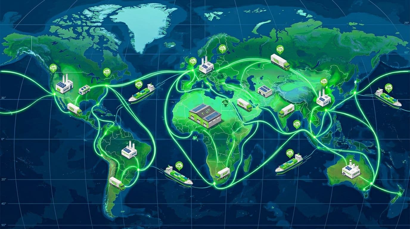 Illustration of factories, warehouses, trucks, and ships connected by flowing green data lines on a world map background, featuring low emissions icons in a vibrant digital tech style with overhead view.