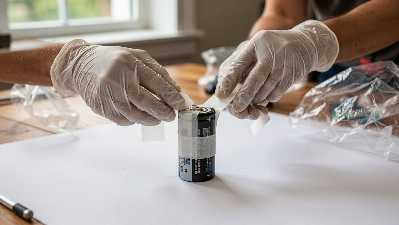 Close-up of two gloved hands carefully applying non-conductive electrical tape over the positive and negative terminals of a lithium-ion power tool battery on a clean white surface, as a key preparation step for safe recycling.