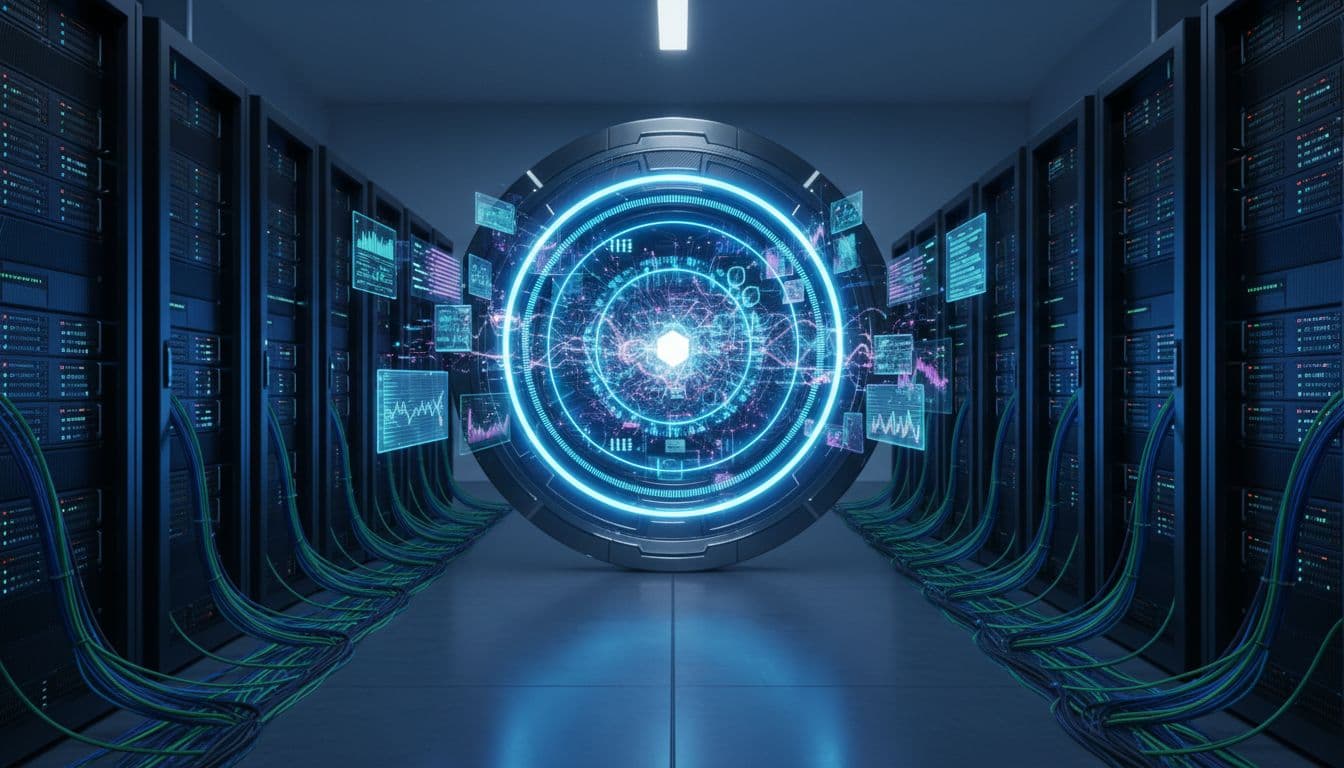 Glowing vault door in server room with computer racks, fiber optic cables, and light streams from floating documents and graphs.