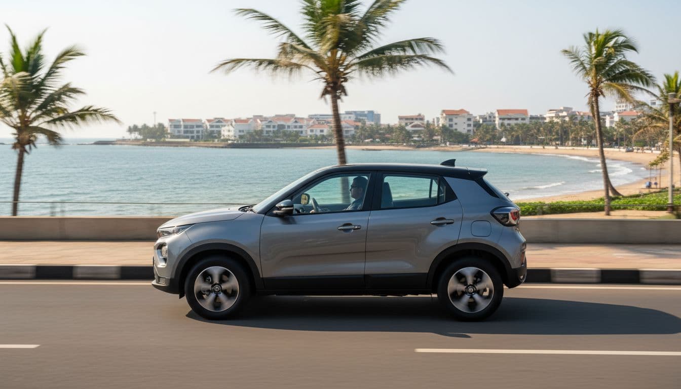 Compact Tata Punch EV electric SUV in gray driving on coastal urban road near water with palm trees, side profile in motion under sunny daytime lighting.