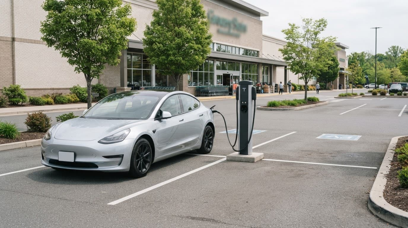 An electric vehicle charges beside a grocery store in a clean parking lot.