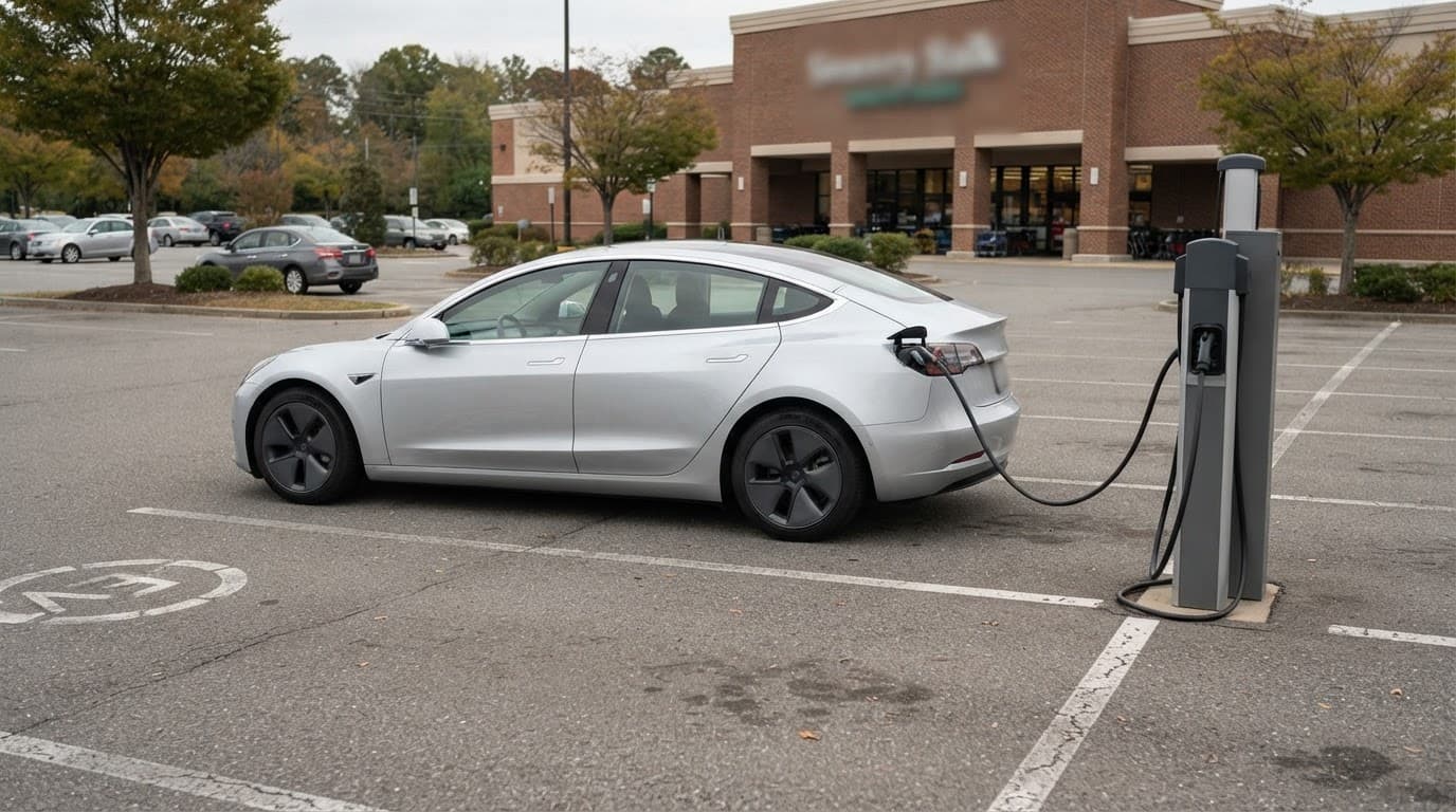 An electric car connected to a charger outside a grocery store.