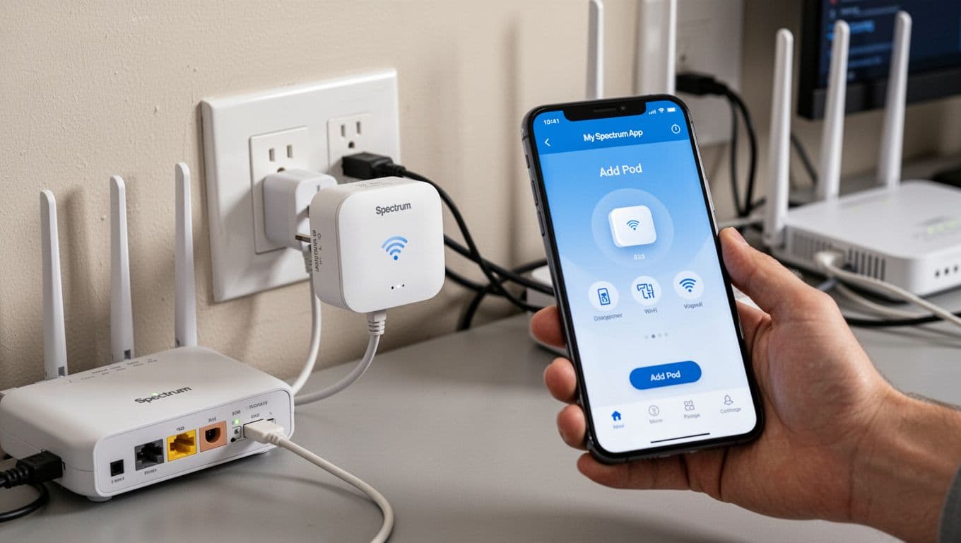 Close-up of a hand plugging a white WiFi extender pod into an outlet near a router, with My Spectrum App open on a smartphone showing the add pod screen.