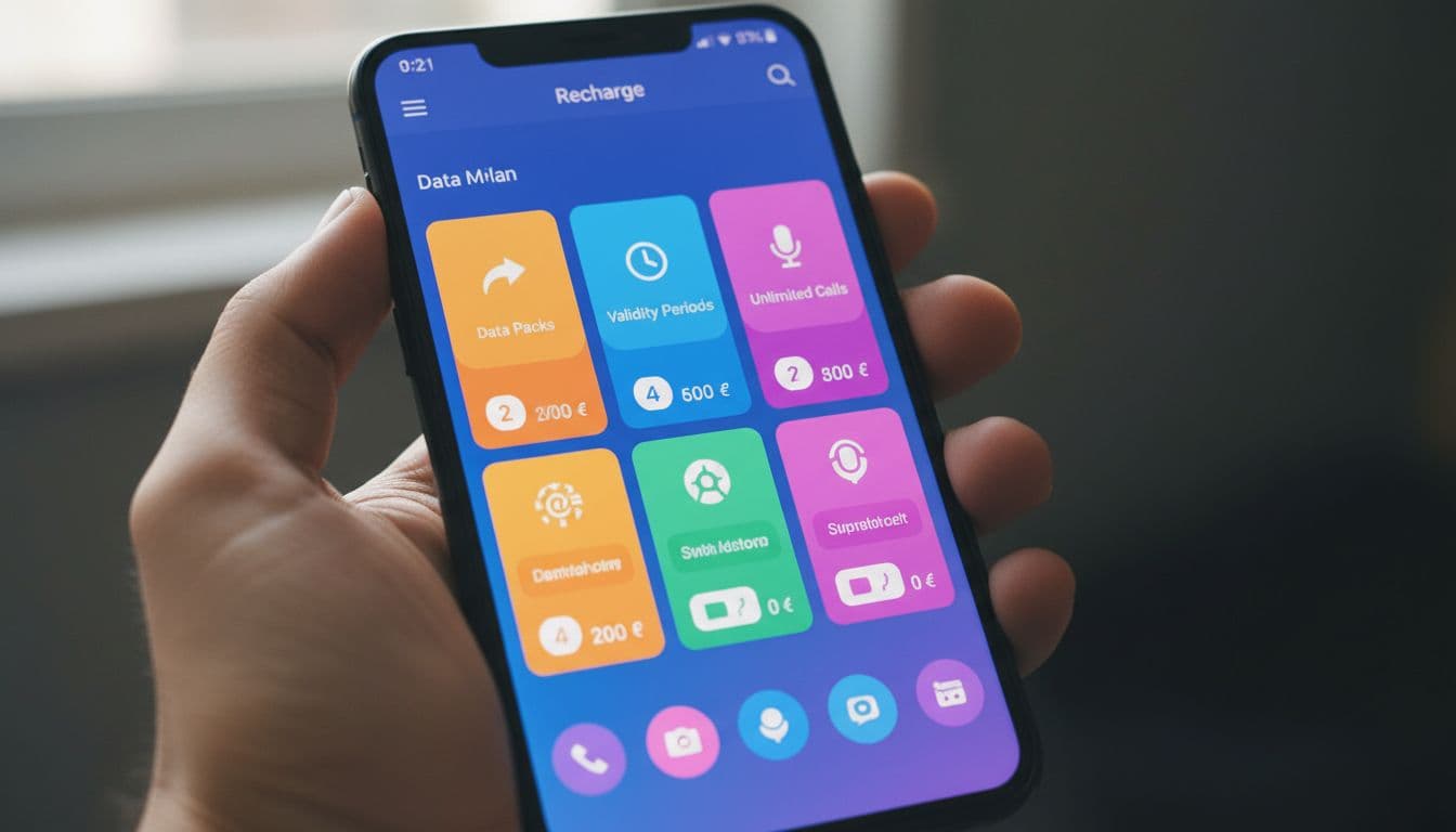 A hand holds a smartphone showing a mobile recharge app with colorful plan cards, icons for data packs, validity periods, and perks like unlimited calls, in modern flat design under natural indoor lighting, screen focused at a slight angle with no readable text.
