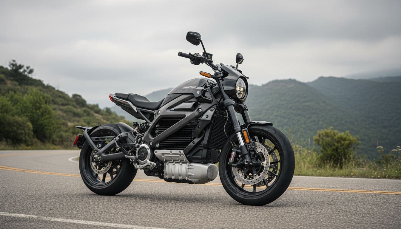 Realistic photo of the Harley-Davidson LiveWire One electric naked bike in aggressive stance riding a twisty road under overcast sky, with sharp details on suspension and brakes.