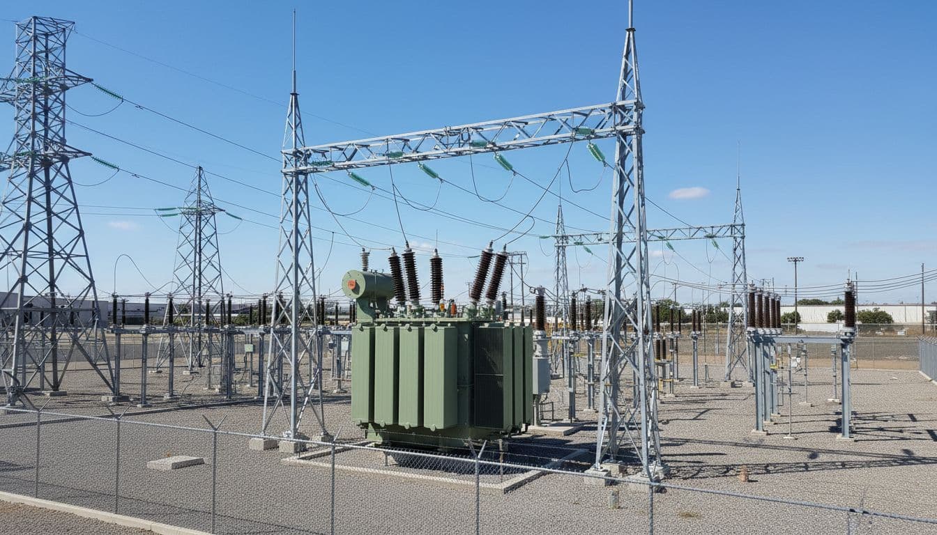 Overview of a high-voltage substation layout featuring a large central power transformer connected to busbars, circuit breakers, incoming transmission lines, and outgoing distribution feeders in a clear daytime industrial setting with fences and equipment.