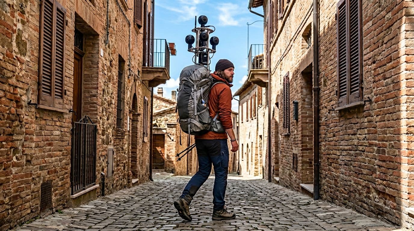 A single hiker in casual outdoor clothes wears a bulky backpack with multiple 360-degree cameras, walking down a narrow cobblestone alleyway between old brick buildings in bright daylight with clear skies. Full-body side angle view in realistic photography style with high detail and natural lighting.