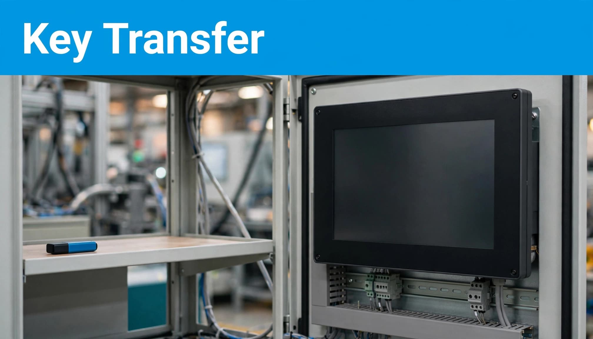 An HMI panel beside a single USB license device, beneath a blue Key Transfer header.