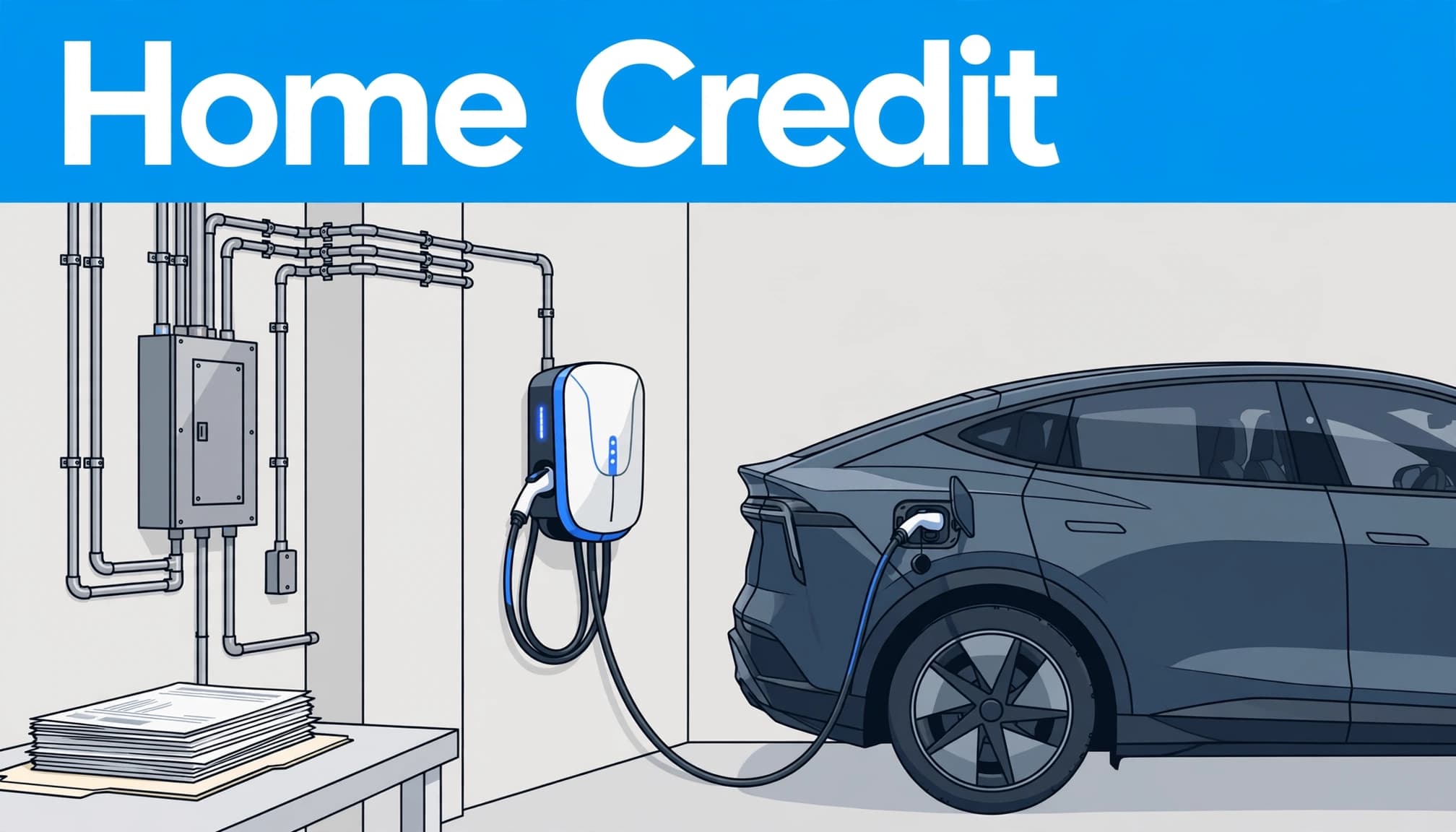 A garage charger stands beside an electric car, with paperwork and a blue Home Credit banner.