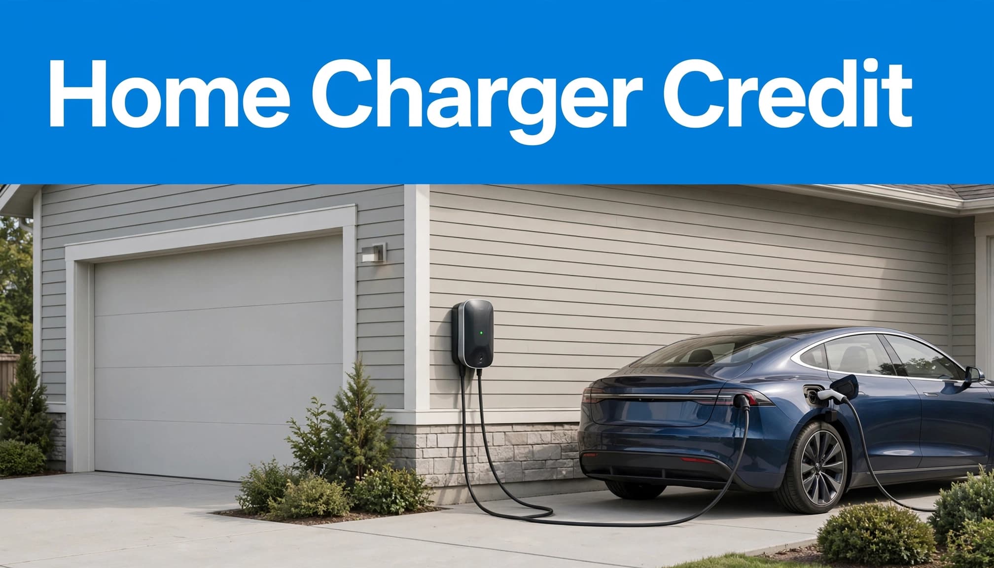 A home charger is connected to an electric car beside a garage.