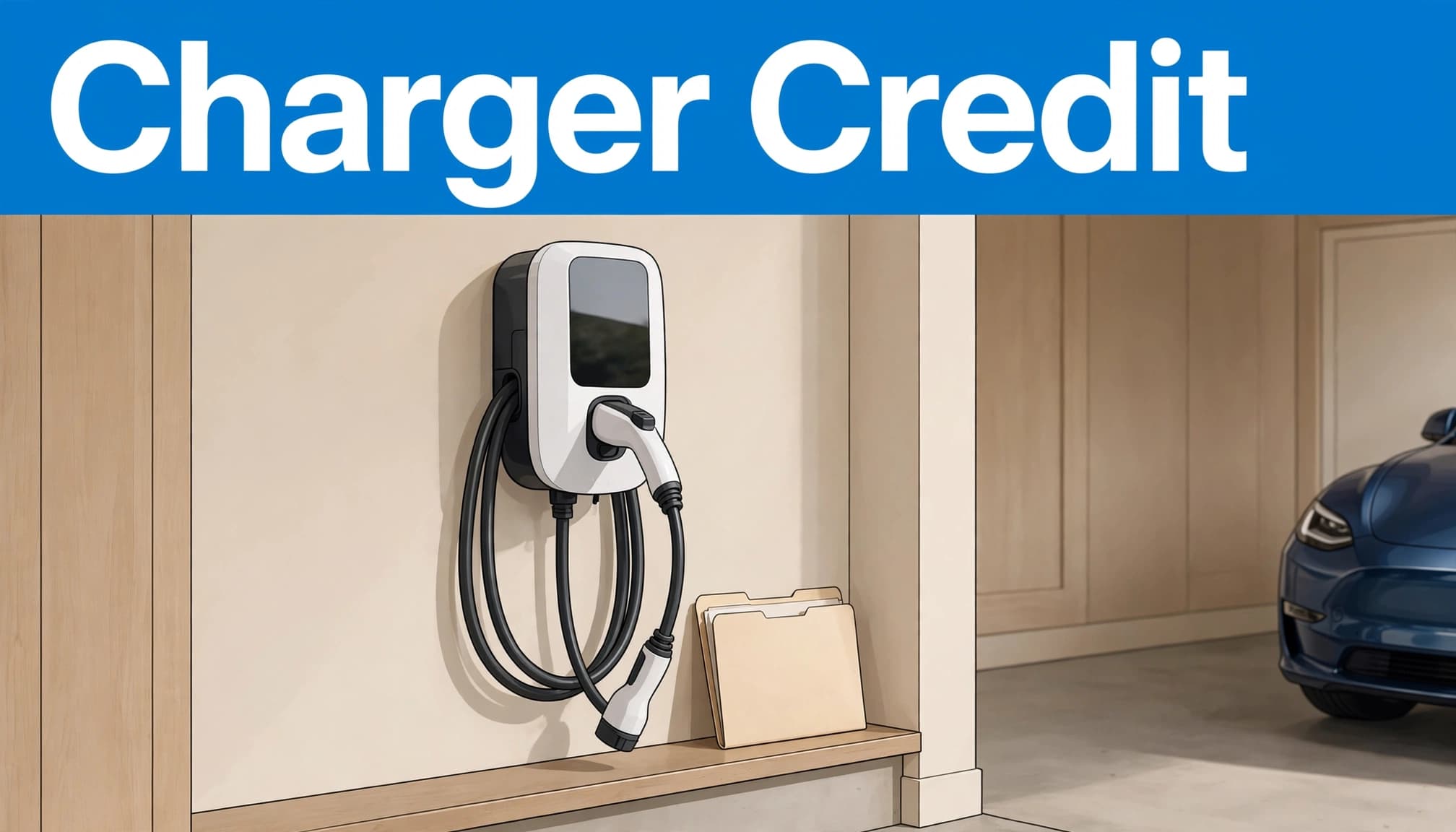 A home EV charger and tax folder sit in a garage beside a partially visible car.