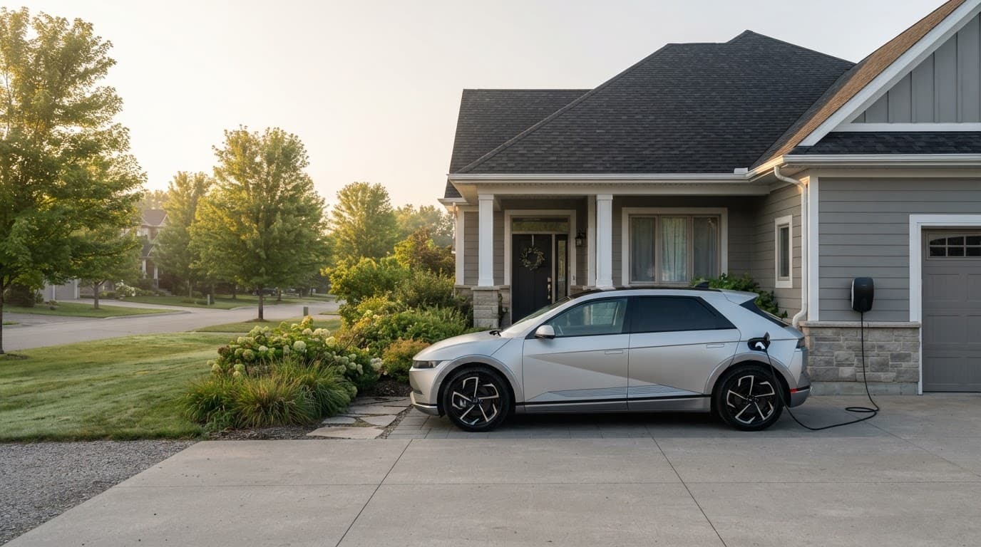 Electric vehicle charging beside a suburban home in early morning light.