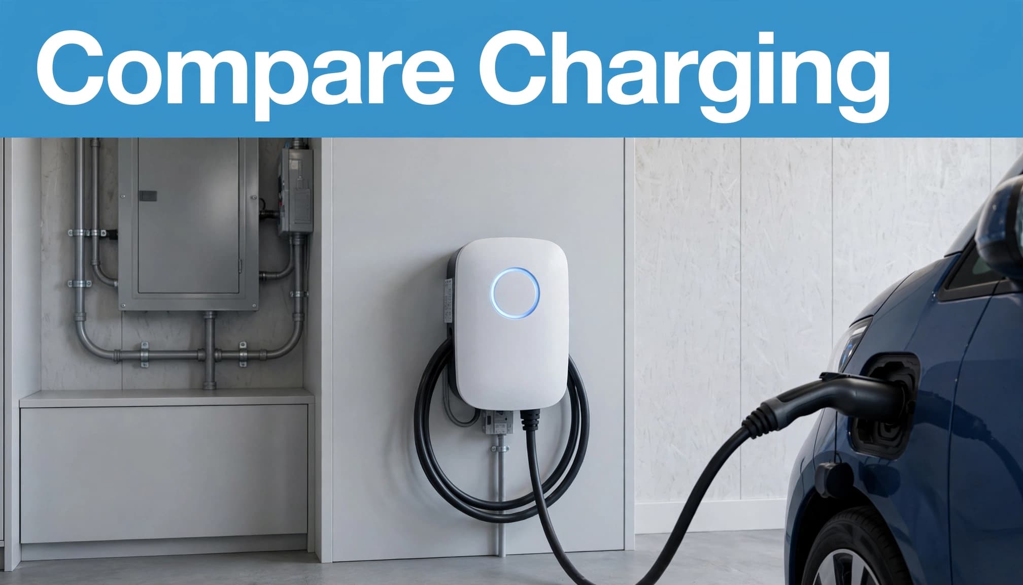 A home EV charger with cable beside a compact electric car in a garage.