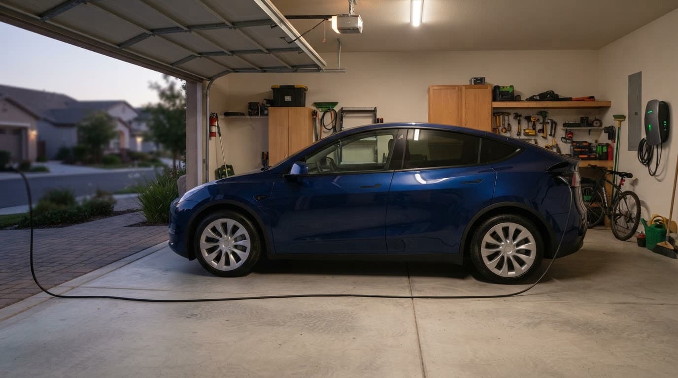 An electric vehicle charging inside a tidy home garage at dusk.