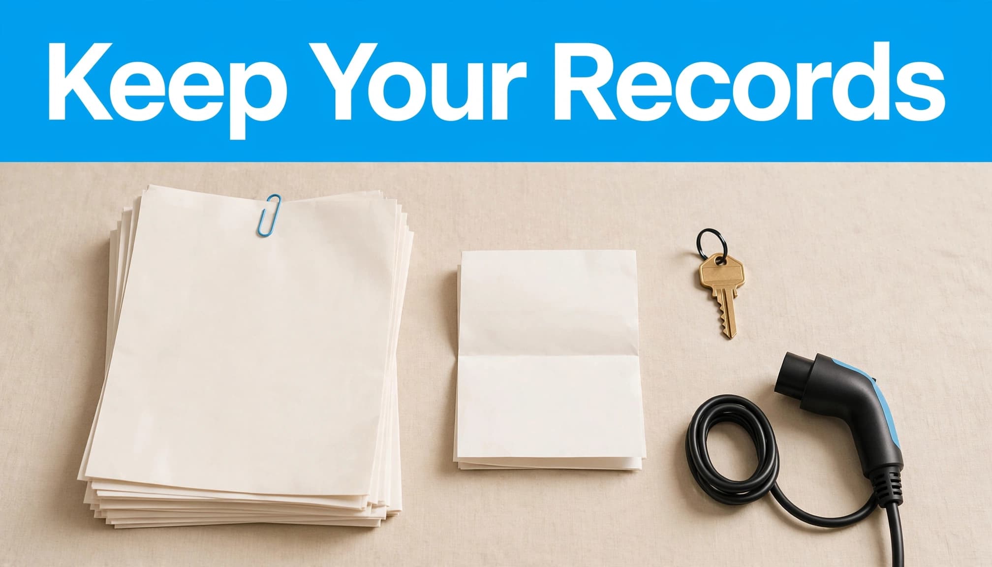 Tax papers, an EV charging plug, an invoice, and a house key sit beneath a blue banner.