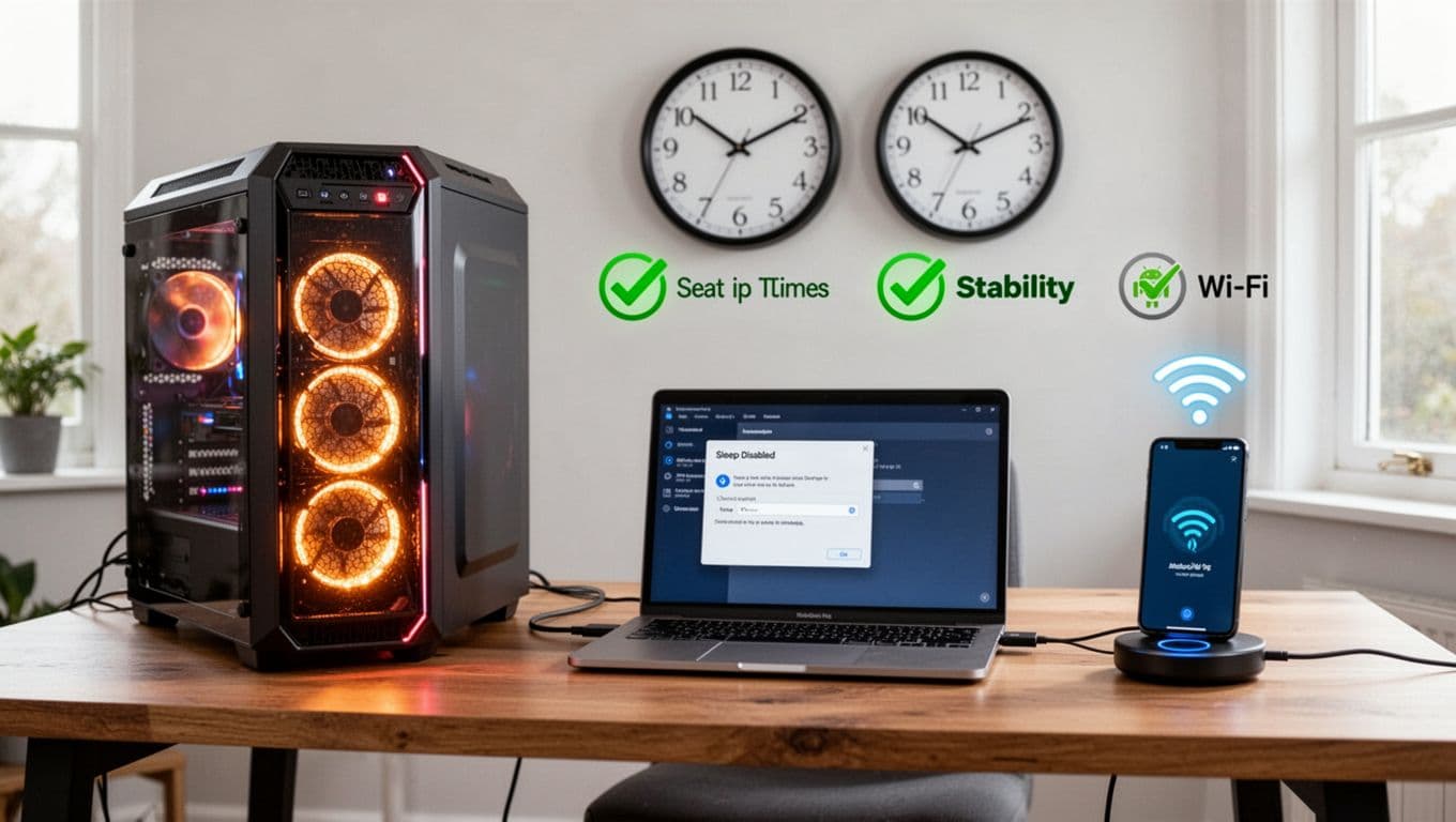 A realistic landscape image of a clean wooden desk in a home office showcasing a desktop PC tower with glowing power light, a laptop with sleep disabled, and an Android phone on wireless charger, all configured for constant uptime. Background features a 24-hour wall clock and green stability icons, in professional product photography style with bright natural light.