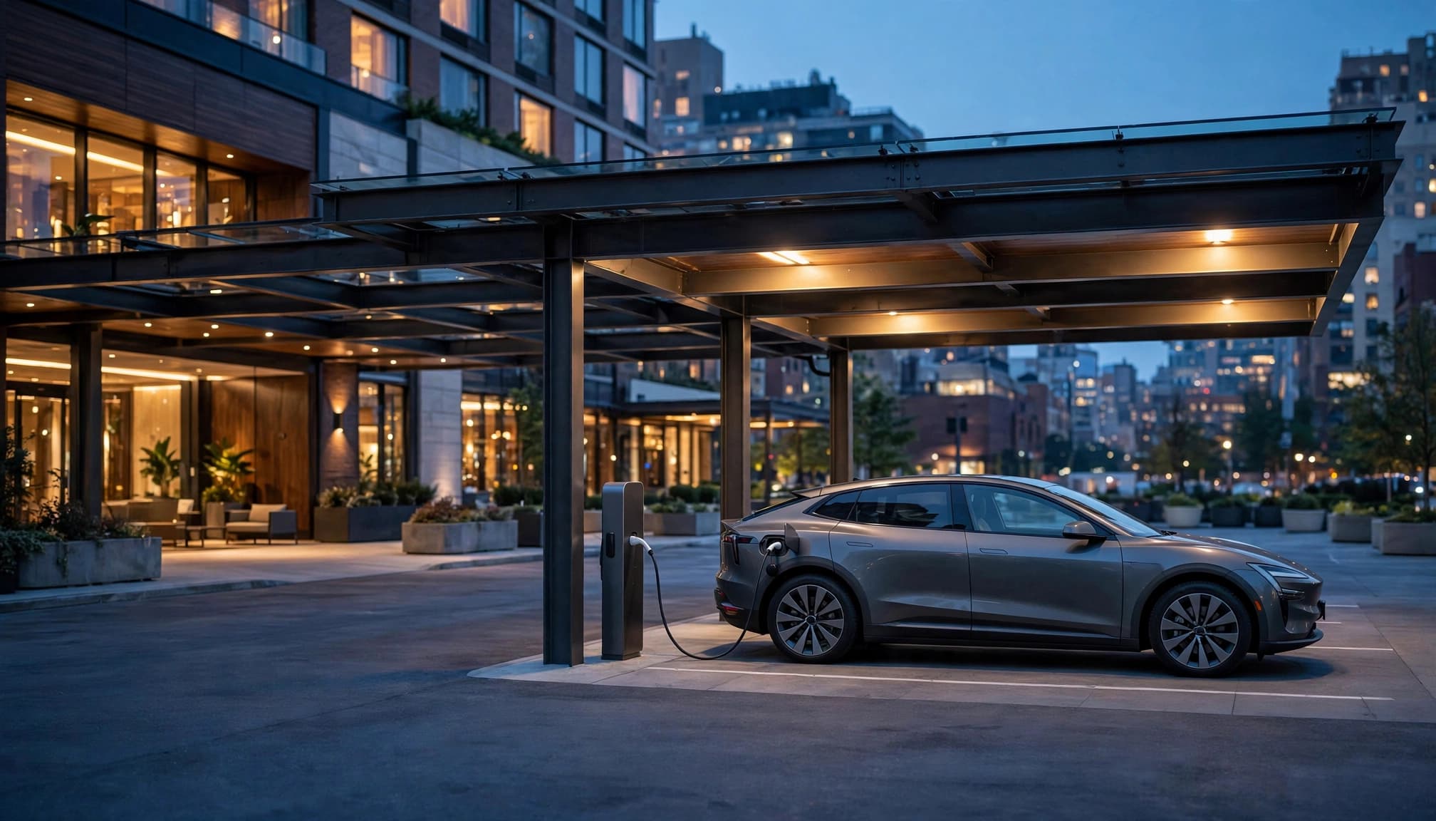An electric vehicle charging outside a modern hotel at blue hour.