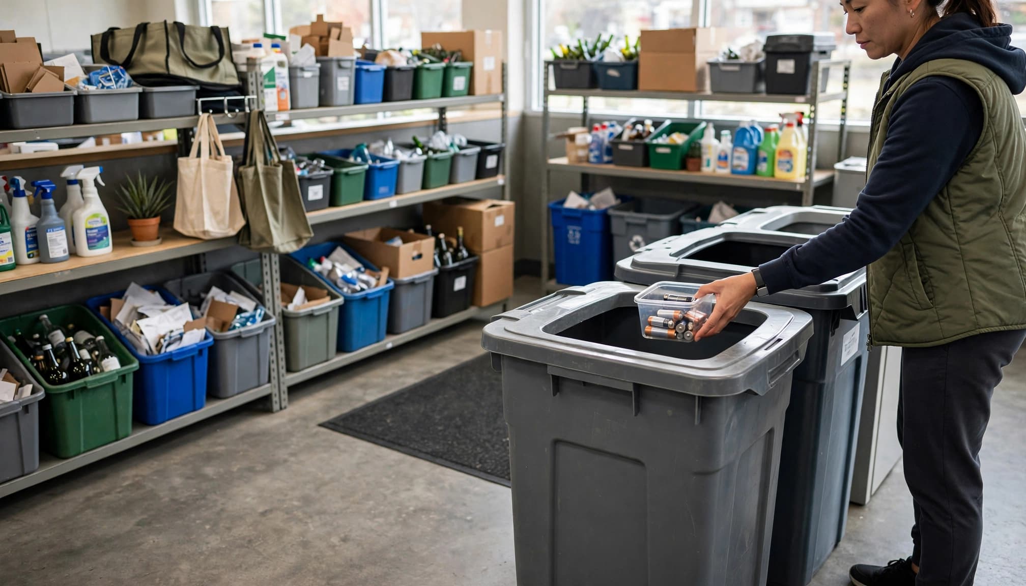 A person places sorted household batteries into a recycling collection bin.