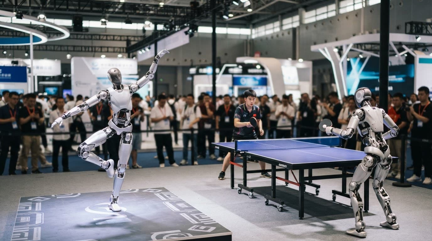 Two humanoid robots demonstrate dancing and table tennis at a busy conference.