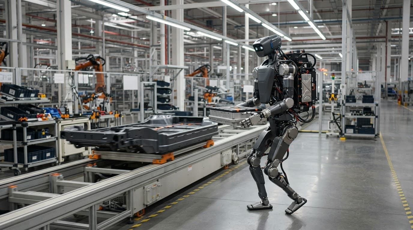 A humanoid robot carries a car part beside an electric vehicle assembly line.