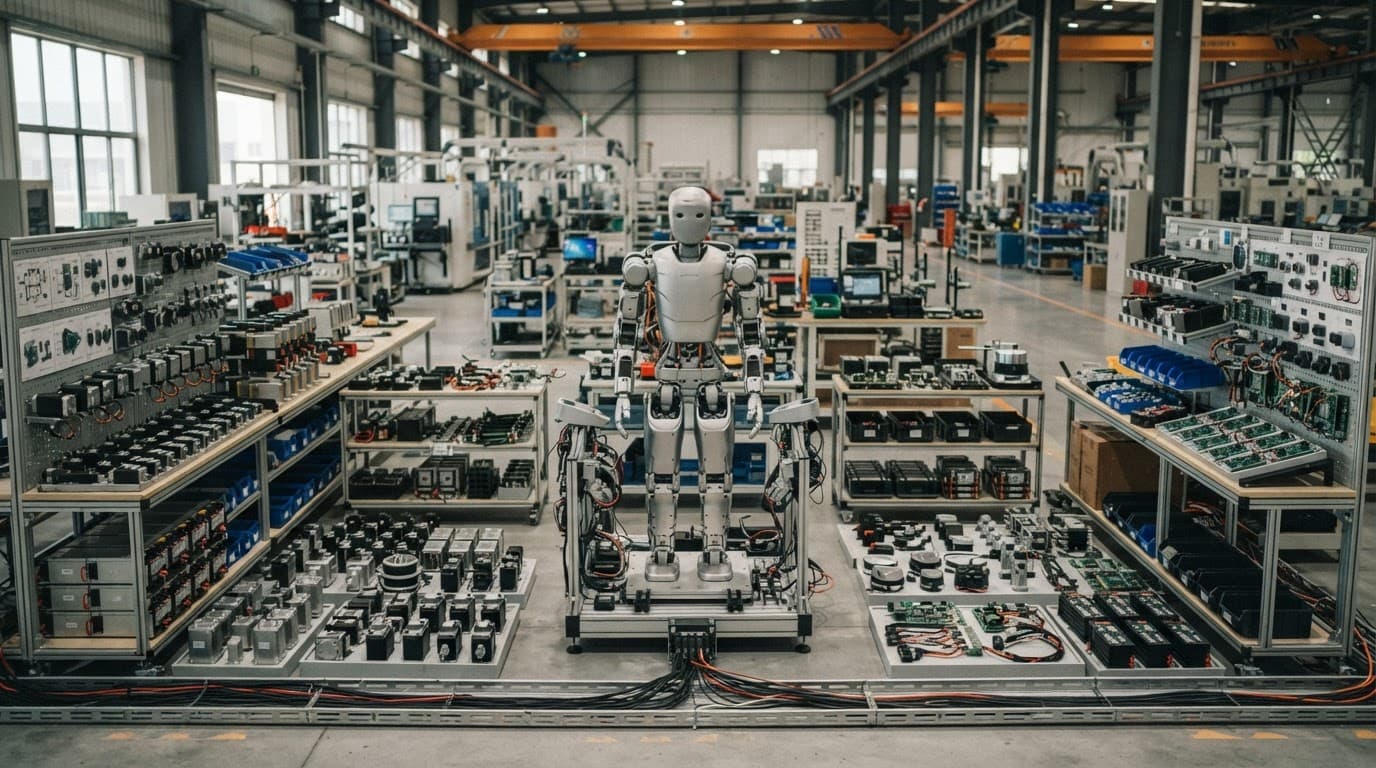 One humanoid robot surrounded by motors, sensors, batteries, controllers, and circuit boards.