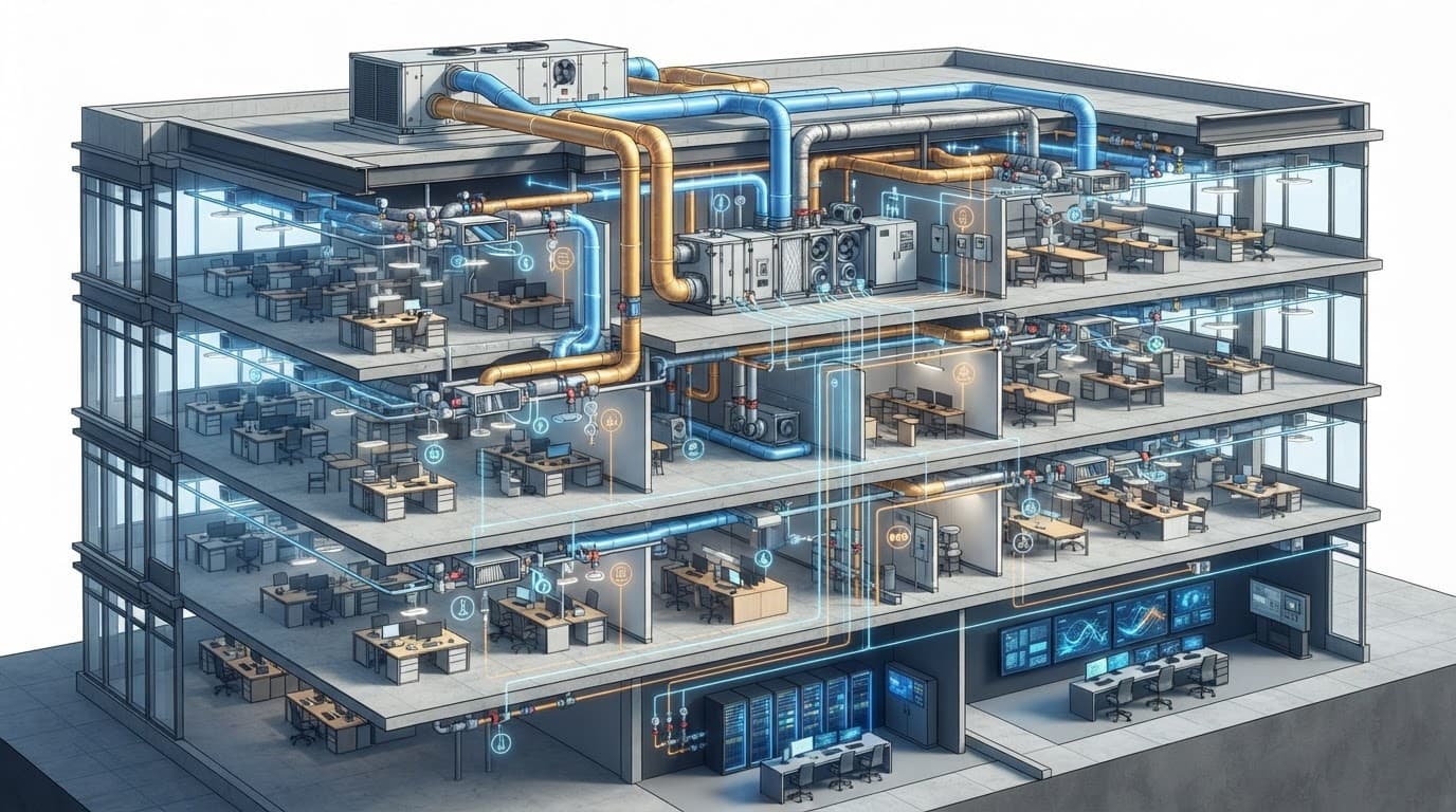 Cutaway office building showing HVAC equipment linked by glowing control lines.