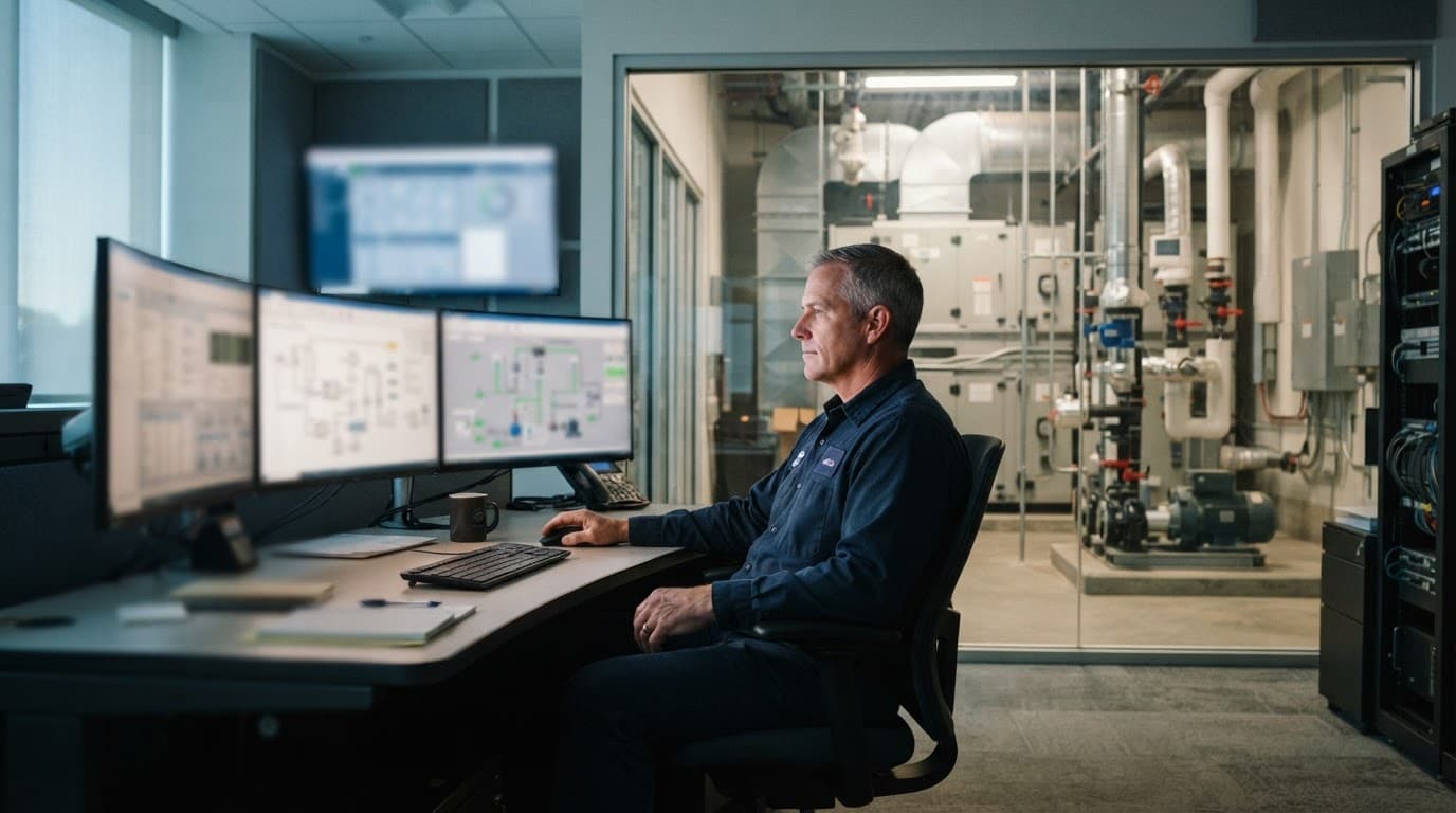 An engineer monitors HVAC systems beside visible air-handling equipment.