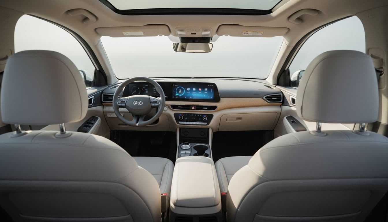 Empty Hyundai Ioniq 3 interior with roomy seats for five, simple dashboard, central screen, and natural window light.