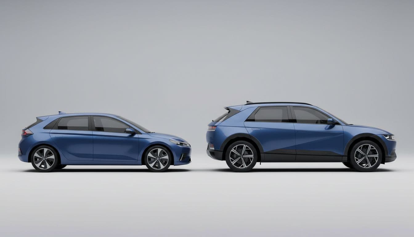 Side-by-side Hyundai Ioniq 3 small hatchback and larger Ioniq 5 SUV in blue on plain background.