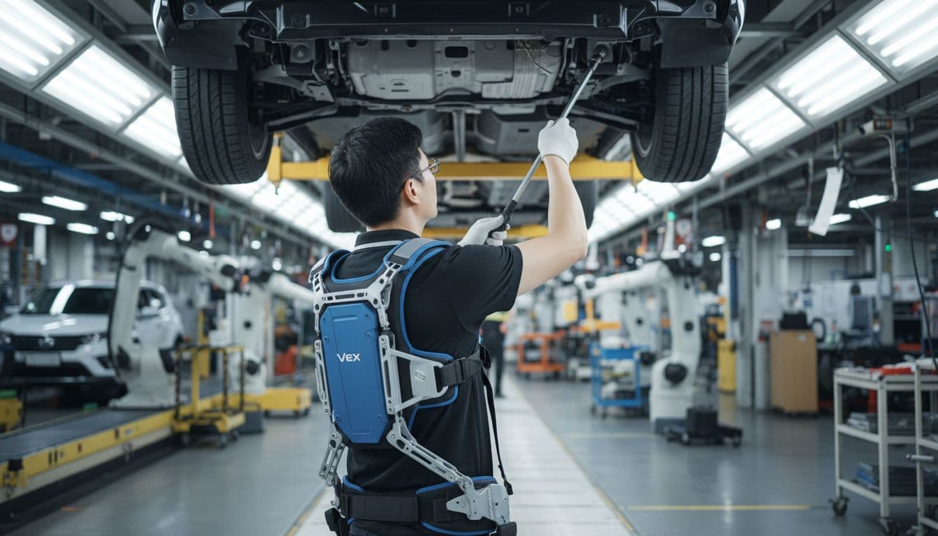 Factory worker wearing lightweight Hyundai Vex upper body exoskeleton vest like a backpack, assisting with overhead bolting on vehicle undercarriage in industrial assembly line.